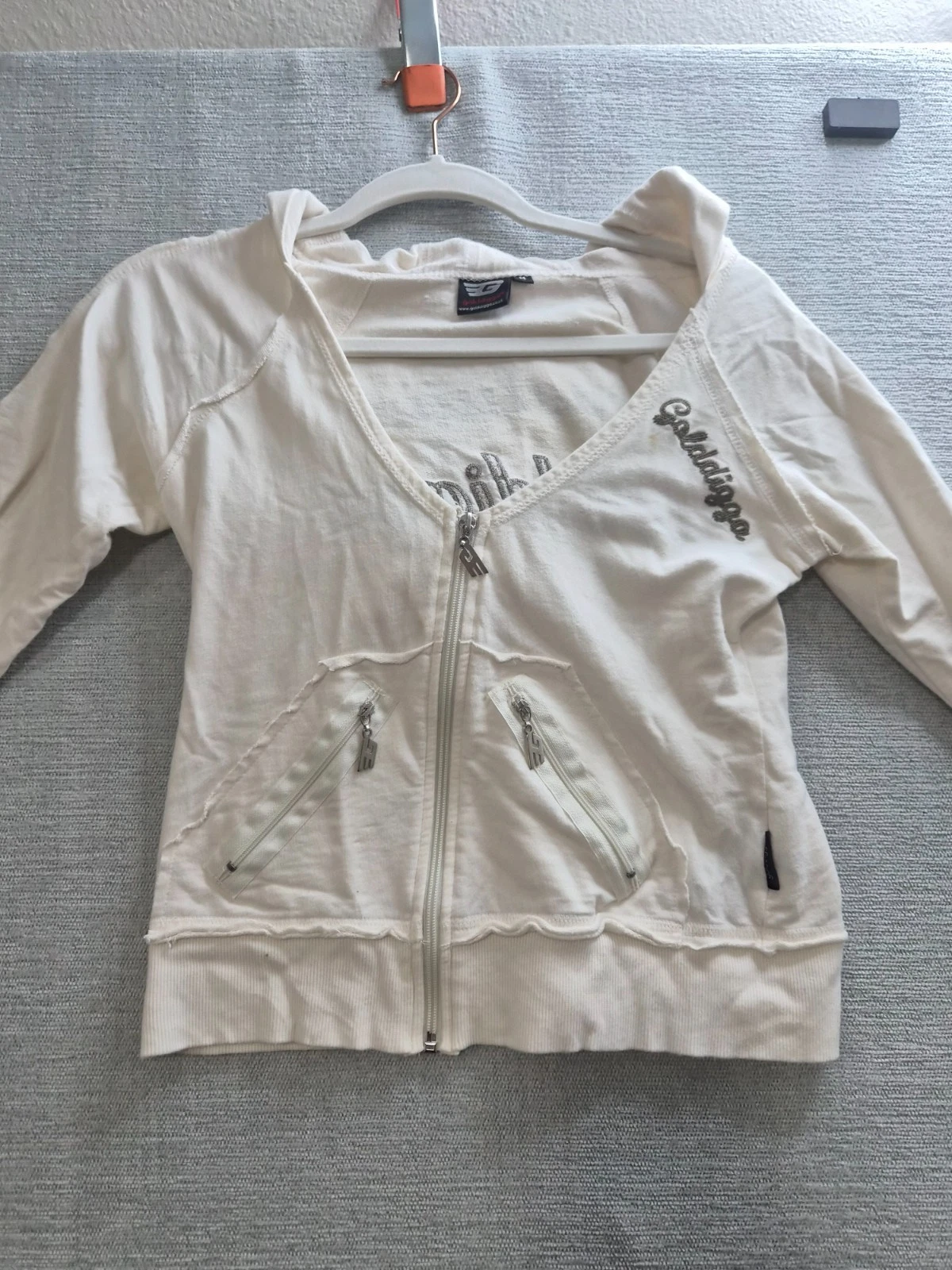 Golddigga Cropped Hoodie Womens Medium Beige Logo Cotton Raglan Sleeve Casual