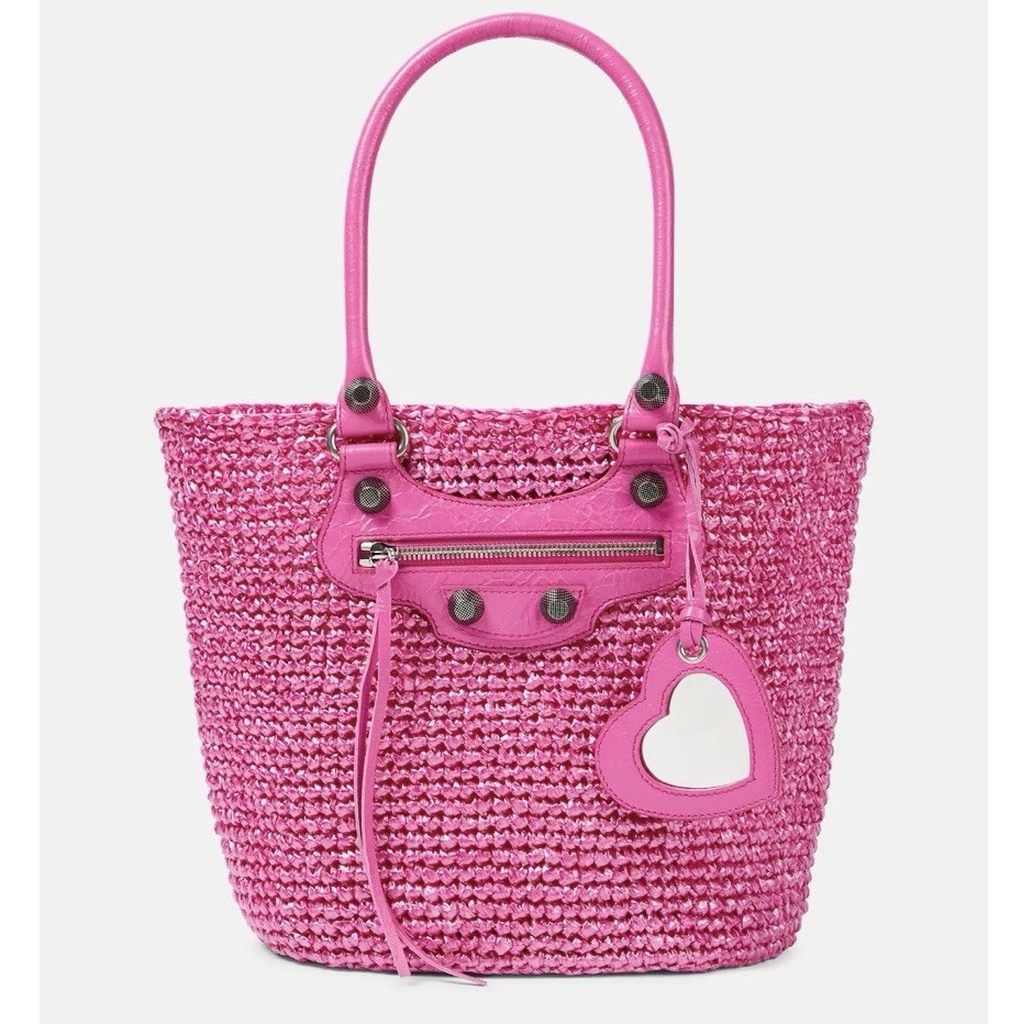 Balenciaga Small Le Cagole Nylon Raffia Tote Pink NWT Handbag