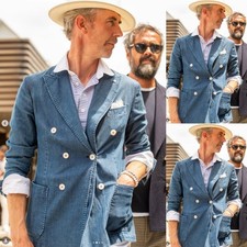 Double Breasted Denim Men Coat Peak Lapel Casual Wear Blue Jacket Regular Blazer