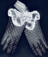 Women  s Black Vegan Leather Diamond Stitch Faux Fur Cuff Fleece Lined Gloves NWT