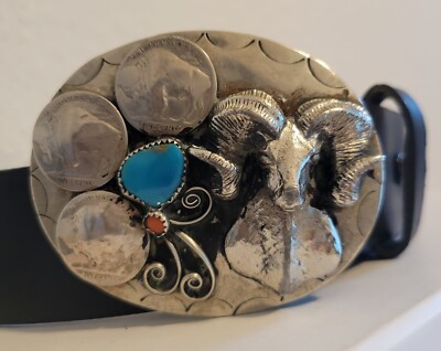 Native American Squaw Wrap Buffalo Belt Buckle/ Nickel Coral Turquoise Stone.