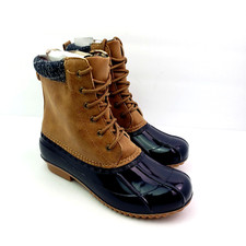 Just Fab Evi Womens Size 7 Tan Blue Waterproof Cold Weather Duck Rain Boots