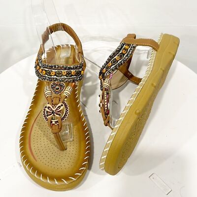 Aomigoct Women s Shoes Sandals Bohemian Comfort Non Slip Embellished Sz 41 Tan