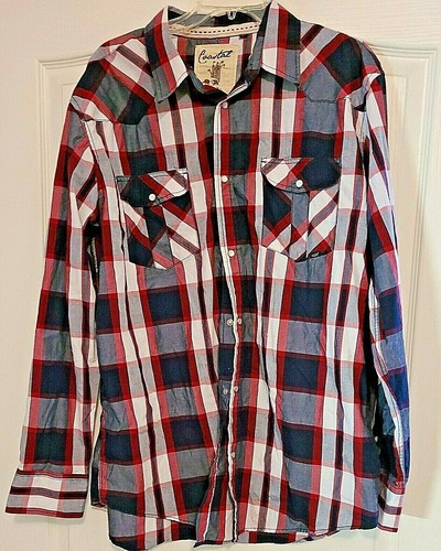 XXL Navy Red Plaid Pockets Long Sleeve 