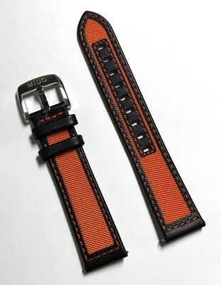 Original MIDO Ocean Star 20mm ORANGE / BLACK Fabric Leather Watch Band Strap