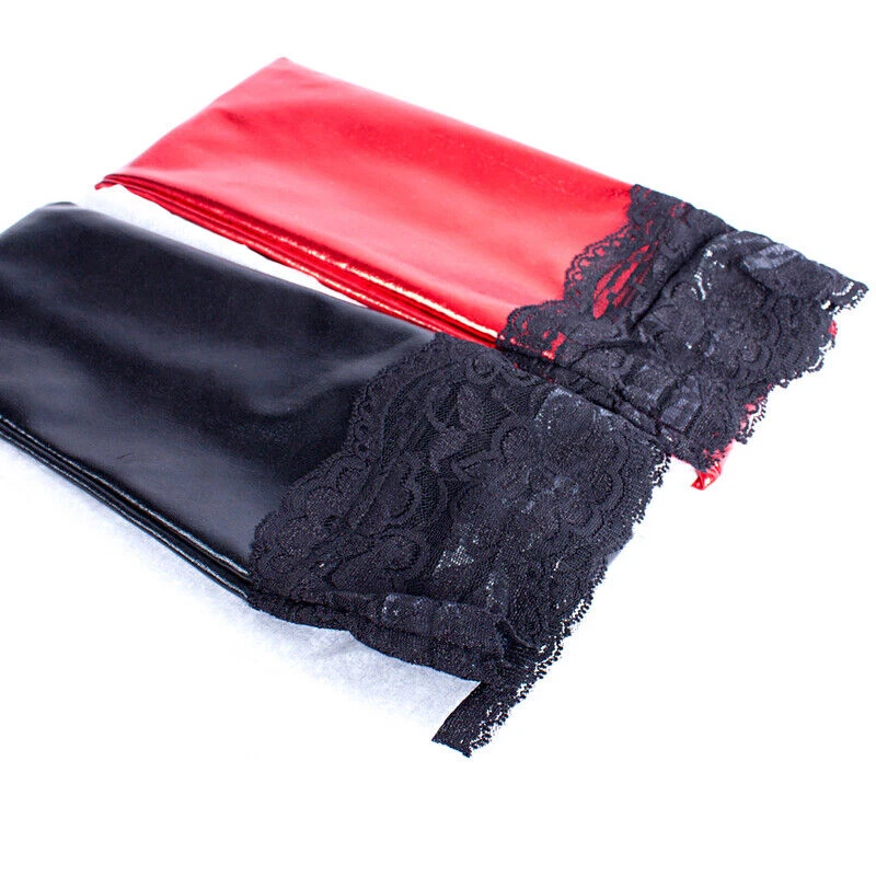 Sexy Lace Latex Faux Leather Thigh-High Stockings Women Wet Look Sock Clubwear - Bild 3 von 4