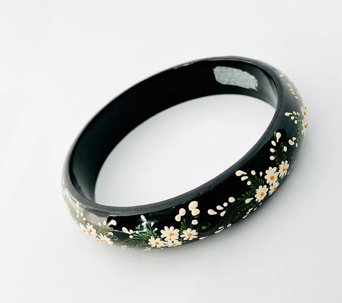 Vintage Black Lucite Bangle Bracelet With Detailed Hand Painted