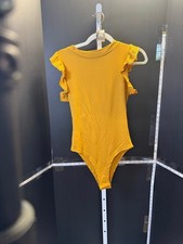Women's SHEIN Mustard Ribbed Ruffle Sleeve Bodysuit US 6 Standard