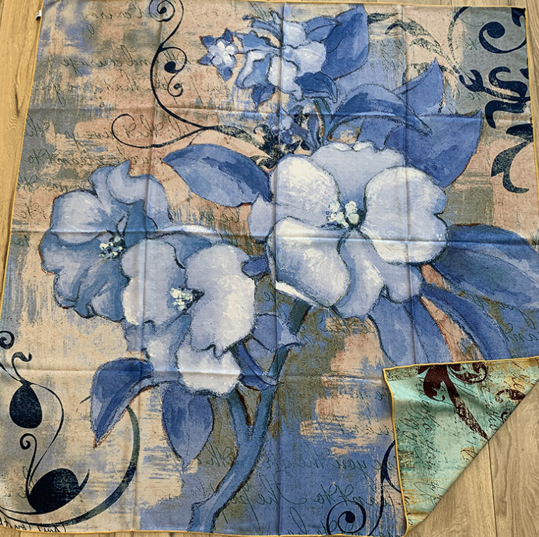 70% Cashmere 30% Silk Double Face Scarf Blue Floral Print 53 Inch Wrap Bandana