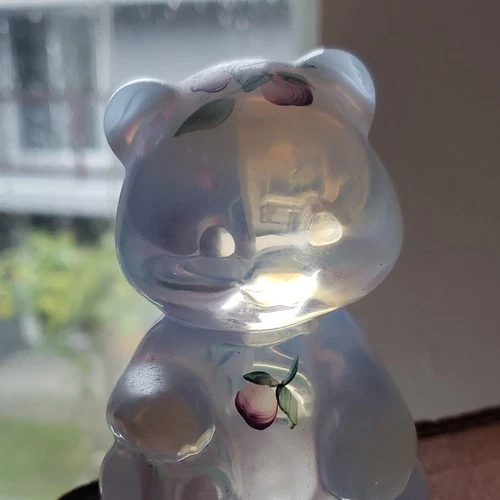 Fenton Hand Painted Glass Bear Figurine Signed Floral Glossy Art Glass Sculpture