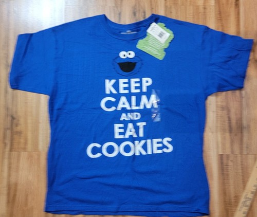 SESAME STREET KEEP CALM AND EAT COOKIES COOKIE MONSTER TEE T SHIRT Mens L Blue - Picture 2 of 12