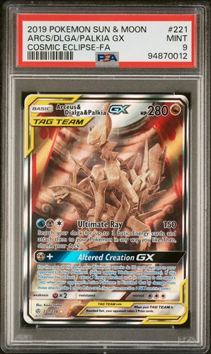 Pokemon 2019 Sun & Moon Cosmic Eclipse Arceus Dialga Palkia GX PSA 9 #221