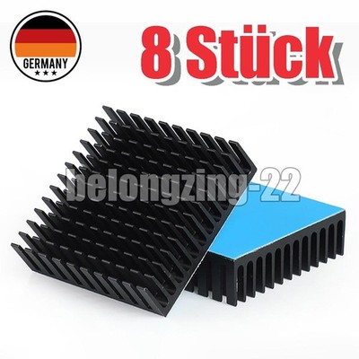 8x Aluminium Kühlkörper inkl. Klebepad in Schwarz Kühler heat sink IC 40x40x11mm