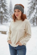 Hand Knit Embroidered Gray Wool Headband Ear Warmer Hat NEW Fleece Lined