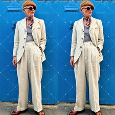 Beige Linen Men's Suits Summer Beach Formal Business Casual Vacation Fit 2 Piece
