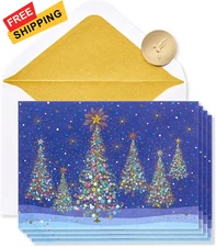 Papyrus Boxed Christmas Cards with Magical Row of Holiday Trees 