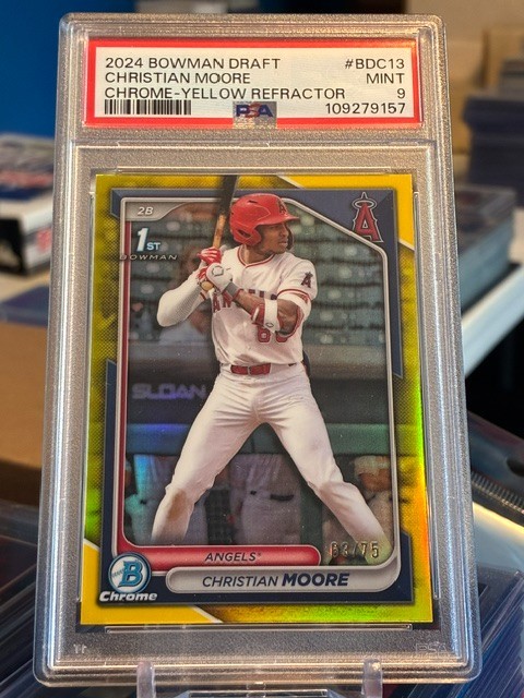 2024 Bowman Draft #BDC-13 Christian Moore Chrome Yellow Refractor /75 1st PSA 9