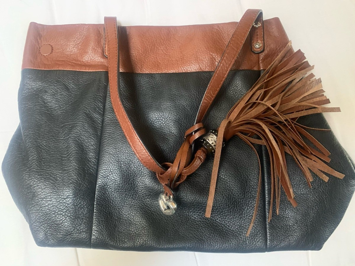 Brighton Genuine Leather Black/Brown Tote Bag Animal Print Magnetic Closure