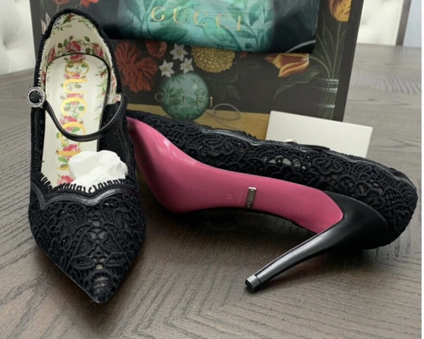 Escarpins à talons Gucci Virginia cristal noir dentelle florale Mary Jane pointure 37,5 US7 chaussure