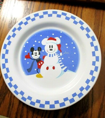 Disney, Christmas, Vintage Mickey Mouse Snowman Plate, 9'', Blue/Wht Check, NWT