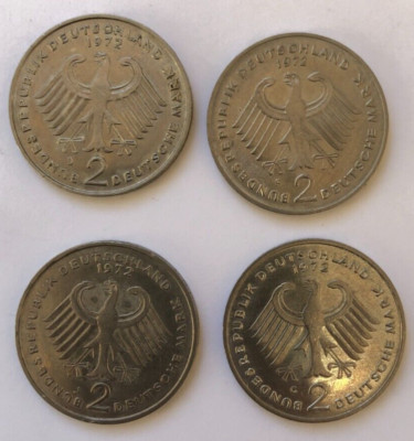 1972 D, F, G, J GERMANY - Federal Republic 2 Mark  /Konrad Adenauer / KM# 124