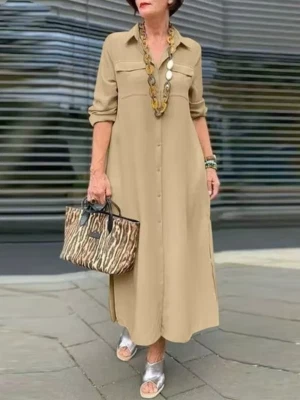 Robe Maxi Frais Col Revers Fendue Patchwork Poches, Solide, Femme, Neuf 2024 - Photo 1/4