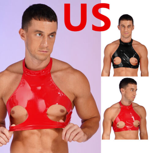 US Mens Crop Top Wetlook Faux Leather Sleeveless Cutout Open Cups Bra Latex Vest - Picture 1 of 33