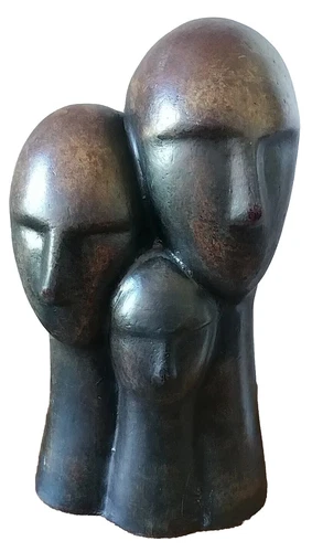 Vintage 1970s Modernist Bronze Painted Terracotta Three Headed Sculpture 16" EUC