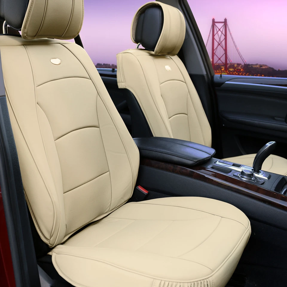 Car Seat Cover Leatherette Bucket Pair Set Solid Beige w/ Free Air Freshener - Image 2 of 4