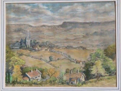 Vintage Original Pastellzeichnung Bourton Kirche aus Long Lane Landschaft unsigniert