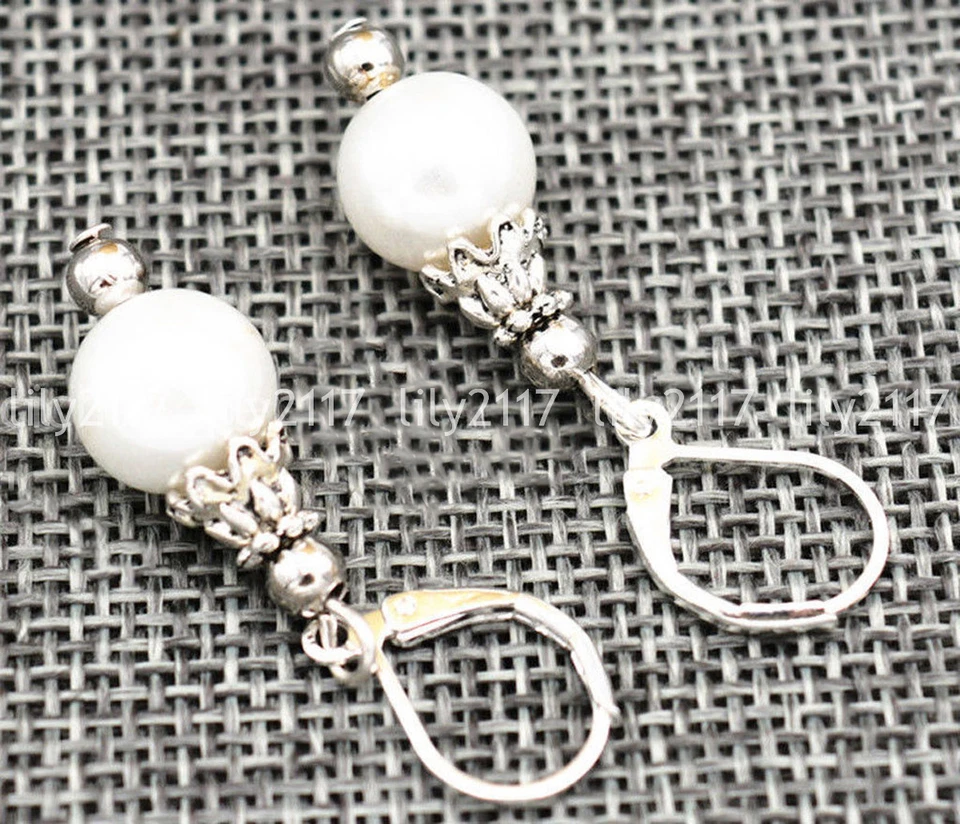 Lindo brinco pendurado prata tibetana contas redondas pérola concha branca 8/10/12 mm AAA - Imagem 2 de 3