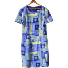 Vintage 90s John Roberts Blue Yellow Geometric Print Sheath Dress Size 8