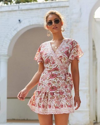 V-neck Bohemian Print Dress Skirt