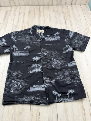 VTG DJ Mens Med Hawaiian Shirt Aloha, Palm Trees, Ukulele, Whales, Beach Black