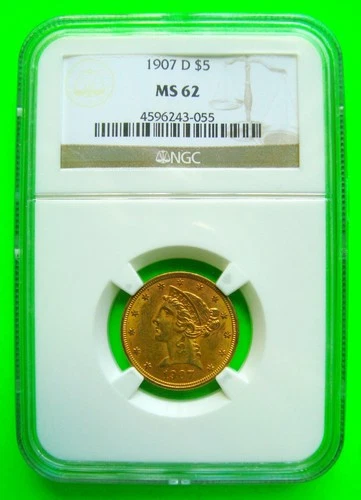 1907-D LIBERTY $5 GOLD HALF EAGLE - NGC MS62 + FREE USA SHIPPING Superb