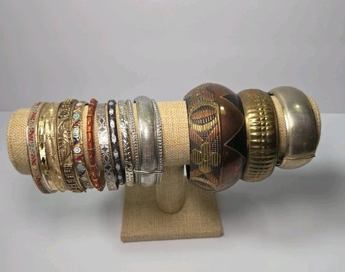 Vintage Gold Tone Silver Tone Brass Stackable Costume Jewelry Bracelet Lot Of 13