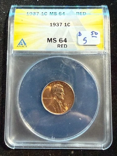 1937 LINCOLN WHEAT CENT ANACS MS 64 RD 108