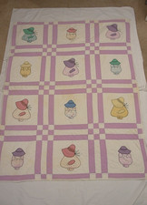 Vtg Sunbonnet Sue Sam Baby Quilt 57 x 43" Cotton Lavender Multicolor Handmade