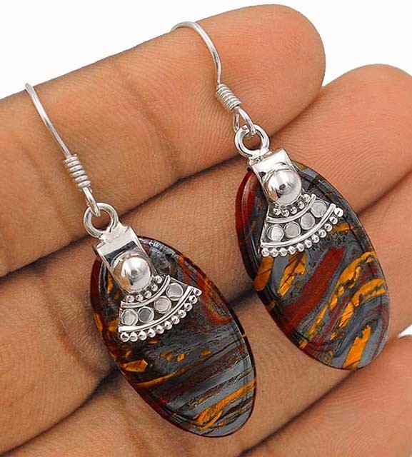 Natural 9g Tiger Iron Jasper 925 Solid Sterling Silver Earrings Jewelry