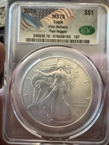 2024 $1 AMERICAN SILVER EAGLE CAC MS70 PAUL NUGGET HAND SIGNED FIRST DELIVERY