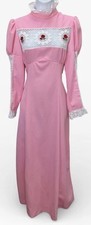 VTG 70s Pink Lace Bridesmaid Maxi Dress XS Princess Long Sleeve Poly Zipper