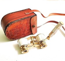 Occhiali da opera antichi in ottone binocolo nautico madreperla con scatola i...