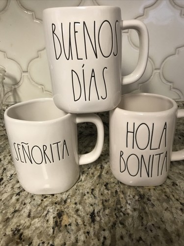 NEU RAE DUNN SPANISCHE TASSEN " BUENOS DIAS, HOLA BONITA, SENORITA " Kaffee Tee Tassen