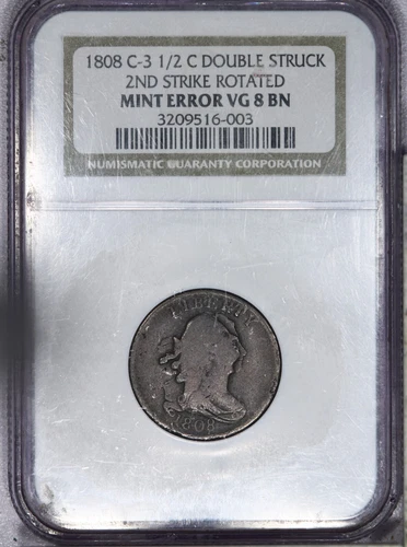 1808 Draped Bust Half Cent 1/2c NGC VG8 Mint Error Double Struck 2nd Rotated LB