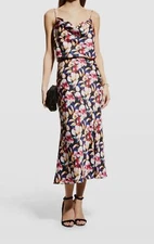 $220 Aidan Mattox Women Black Floral Satin Midi Dress Size 6