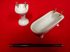 Dollhouse Porcelain Fixtures Furniture Sink Tub Set White Vintage