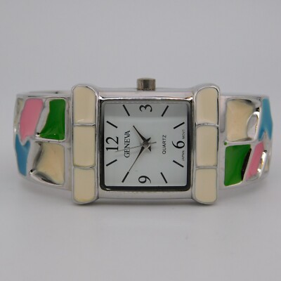 GENEVA Enameled Cuff Bracelet Quartz Analog Women's Watch Sz. 6'' New Battery
