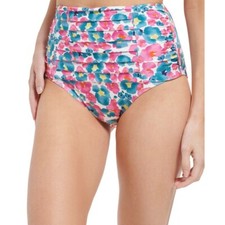 Calvin Klein Floral-Print Pleated High-Waist Bikini Bottom SPF50 Green Pink S