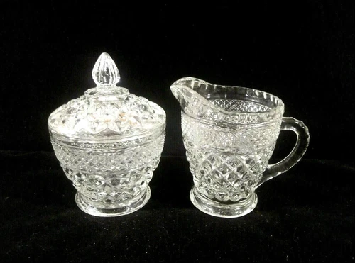 Vintage Anchor Hocking Wexford Diamond Clear Glass Cream and Covered Sugar Set