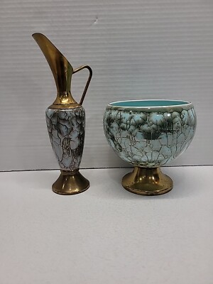 Vintage Delftware Hand Painted Brass Accents Blue Teal Pitcher Bowl Holland